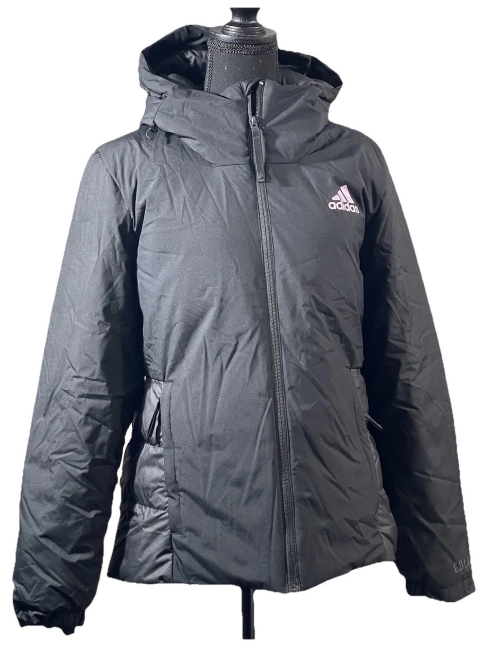 NWT Adidas Traveer Cold.Rdy Black Hooded Down Jacket W/ThreeStripe Logo Print S - Picture 1 of 5